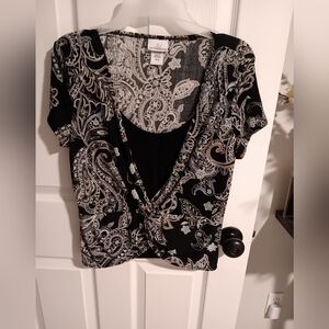 Jaclyn Smith Black Paisley Twist-Front Blouse with Black and Green Accents. S/C.